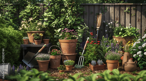 Sunny backyard garden in summer with terracotta pots and gardening tools