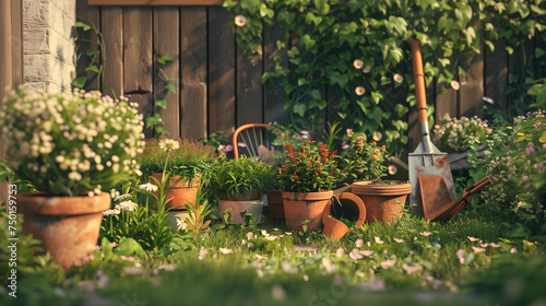Sunny backyard garden in summer with terracotta pots and gardening tools