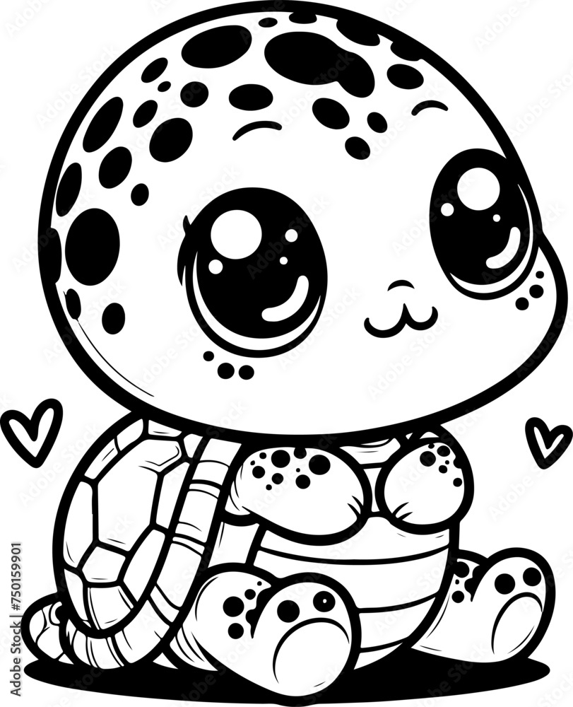 Obraz premium Cute baby turtle black outline vector illustration. Coloring book for kids.