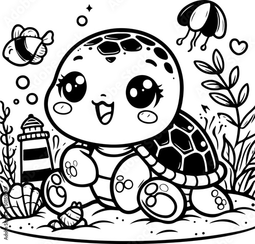Cute baby turtle black outline vector illustration. Coloring book for kids.