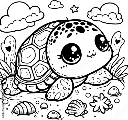 Cute baby turtle black outline vector illustration. Coloring book for kids.