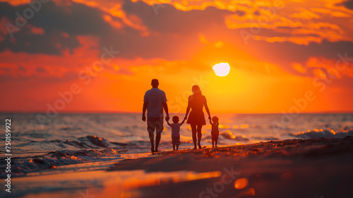 Family Union at Sunset: Mother, Father and Children Enjoy Warm Twilight Light on a Golden Beach. © oraziopuccio