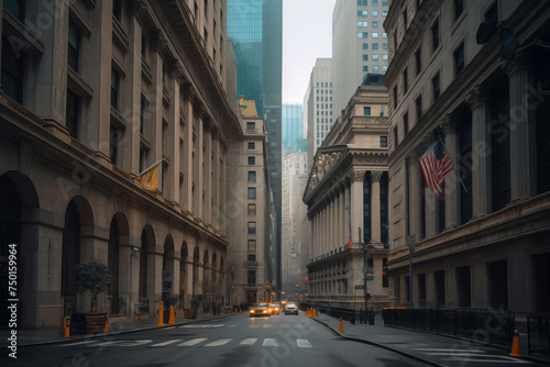 Wall Street in the Financial District of Lower Manhattan in New York City. NYC's Financial District. American financial industry. Wall Street, stock exchange NYSE, financial markets. US capitalism