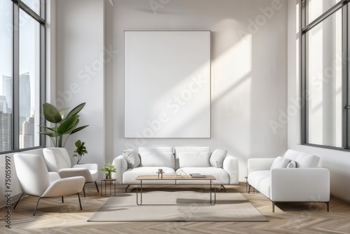 A white living room with a large white wall and a white couch