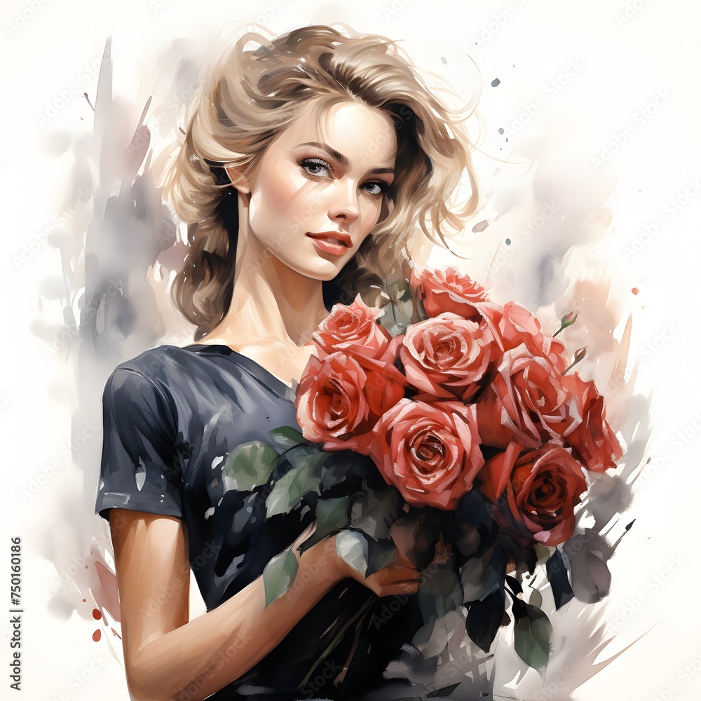 Naklejka premium young woman adorned with a beautiful flower bouquet