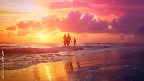Golden Moment: Happy Family at Sunset on a Warm Beach, Creating a Serene and Evocative Atmosphere.