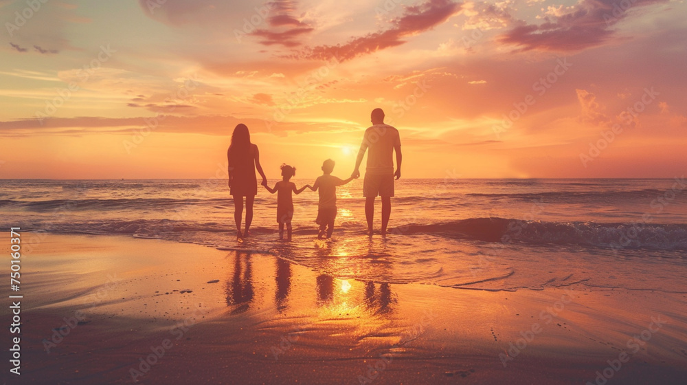 Family Sunset: Atmosphere of Joy with a Happy Family on the Beach, Coloring the Sky with Emotions.