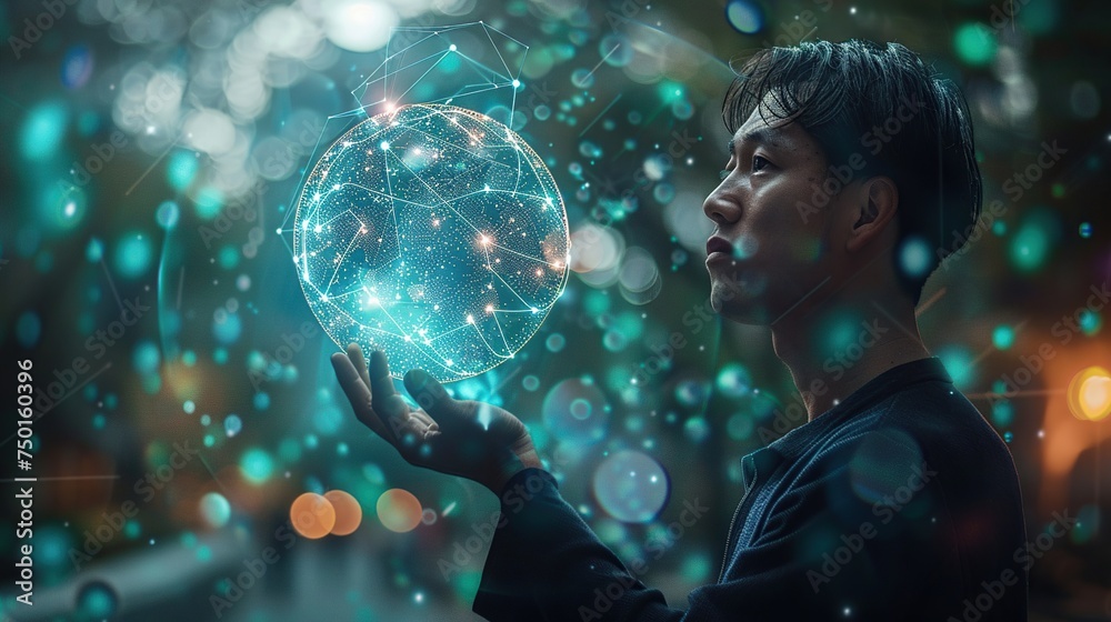 Naklejka premium Confident businessman holding a holographic transparent globe, symbolizing global vision and leadership.
