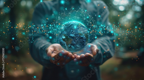 Confident businessman holding a holographic transparent globe, symbolizing global vision and leadership.