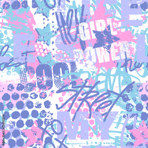 Abstract seamless chaotic pattern with urban elements, graffiti words. Grunge texture background. Wallpaper cool teen style