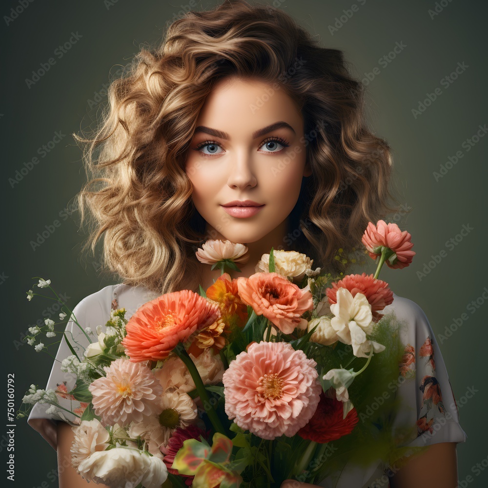 young woman adorned with a beautiful flower bouquet