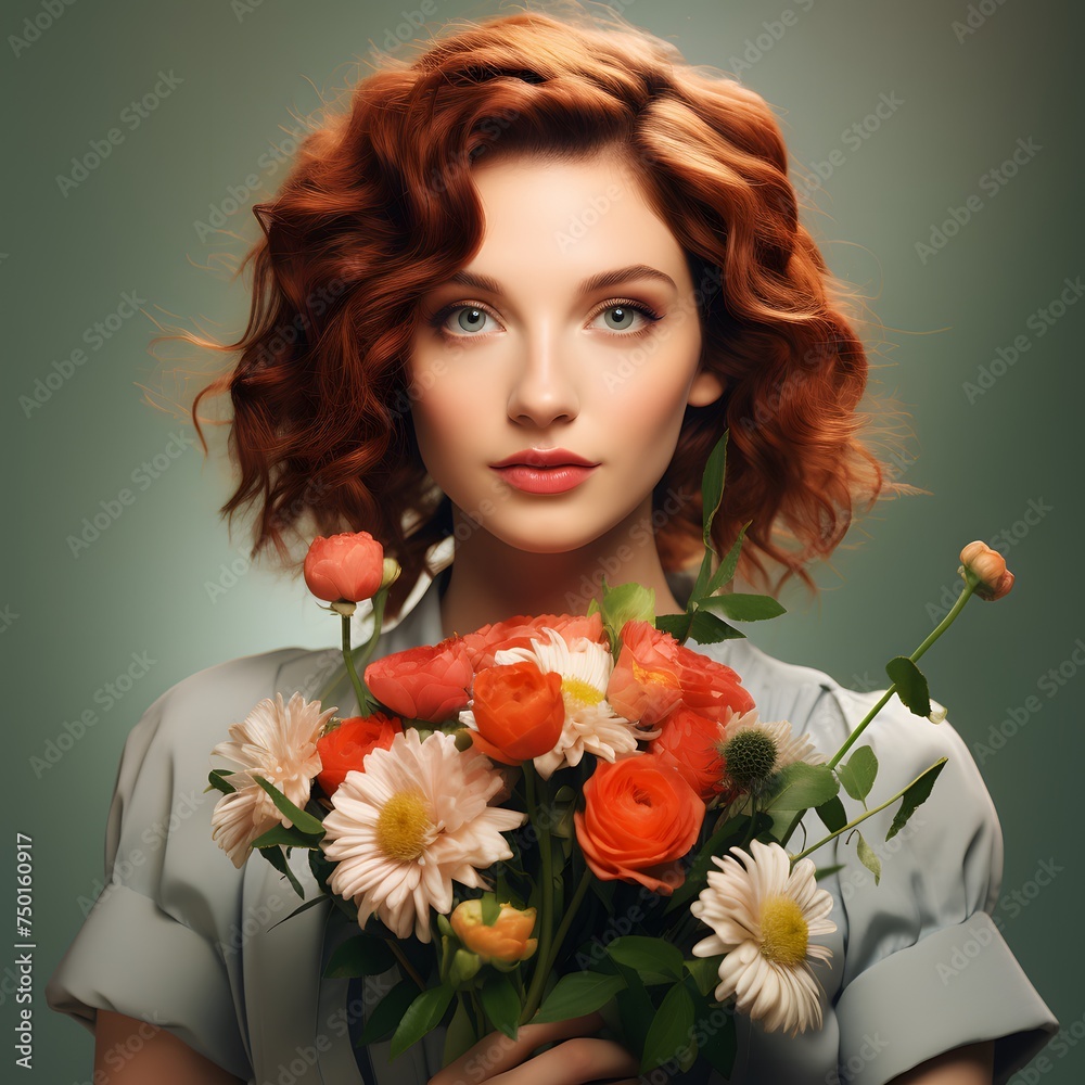 young woman adorned with a beautiful flower bouquet
