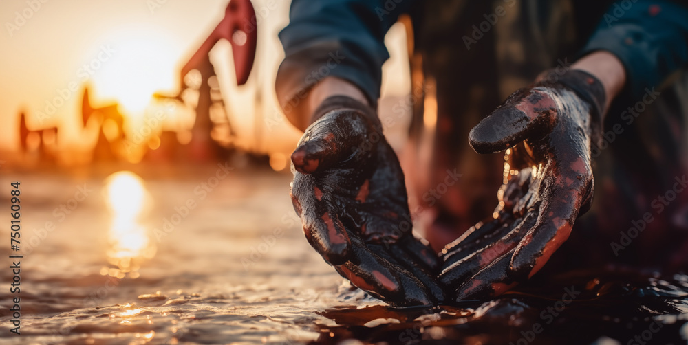 Crude oil production. Hands of worker in crude oil. Oil spilled in hands of worker during crude extraction. Oilfield Accident. Spilled petroleum products. Oil industry Crisis. Economic downturn - obrazy, fototapety, plakaty 