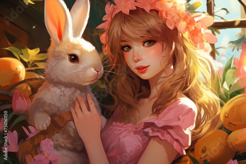 cute girl and easter bunny, painted drawing. spring holiday, greeting card.