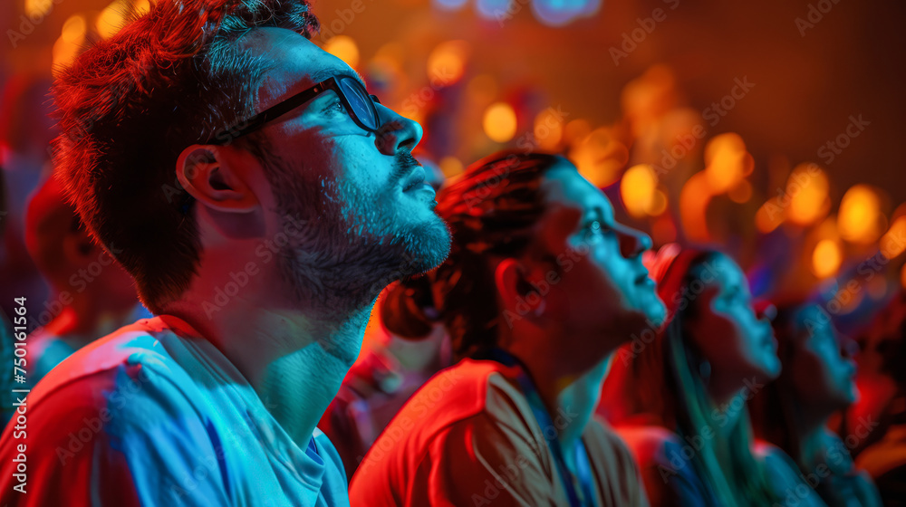 Spectators staring as if praying. People stare at the stage and watch in fascination. Crown at a concert. Spectators staring as if praying. People stare at the stage and watch in fascination. Crown at a concert.