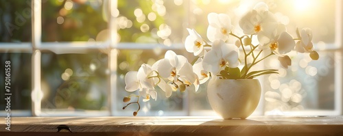 Elegant white orchid in a vase under sunlight on a wooden table in a spa setting. Concept Spa Relaxation, Elegant Decor, Natural Lighting, Orchid Beauty, Tranquil Ambiance