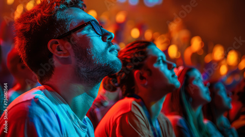 Spectators staring as if praying. People stare at the stage and watch in fascination. Crown at a concert.