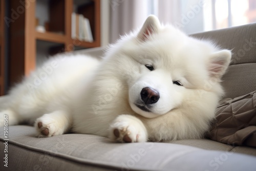 Samoyed dog is resting on the couch at home. a breed of dog with long white hair.