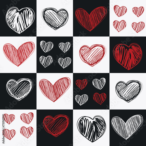 Vector seamless pattern for the brave ones. Carelessly hand-drawn hearts on a black and white background in a checkerboard pattern. The pattern is suitable for punk style projects.