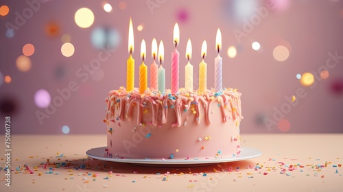 Pink birthday cake with candles on pastel background with lights