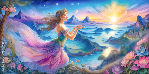 earth goddess standing on a cliff overlooking the ocean. magical fairy background. a paradise like a fairyland. beautiful fantasy painting, earth goddess mythology