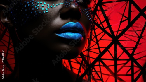 Abstract illustration in macro format of a part of a black woman's face in a stylized space of numerous connections and communicative links © Ivana