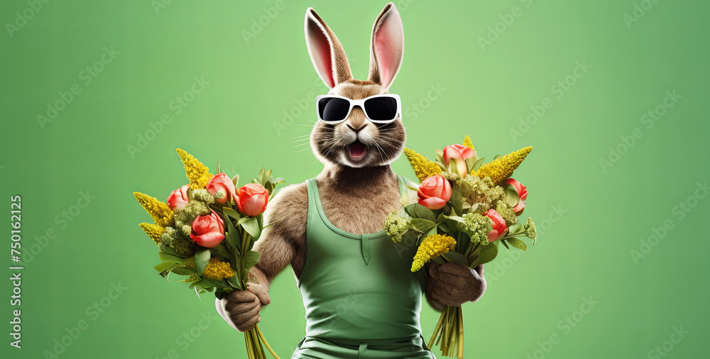 Easter stylish sporty rabbit in sunglasses with bouquets of flowers on green sunny background, creative Easter greeting card - obrazy, fototapety, plakaty 