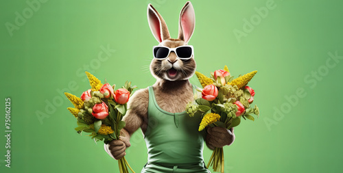 Easter stylish sporty rabbit in sunglasses with bouquets of flowers on green sunny background, creative Easter greeting card