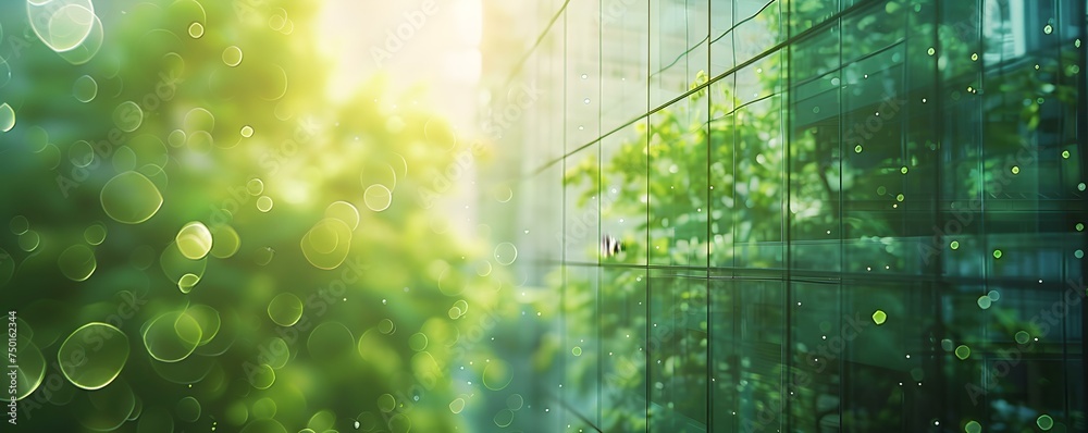Building a sustainable glass office tower in a modern city with green surroundings. Concept Sustainable Architecture, Glass Office Tower, Modern City, Green Surroundings, Eco-Friendly Construction - obrazy, fototapety, plakaty 