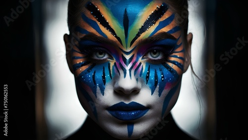 Artistic Brilliance  Captivating the Eye  the Female Model Flaunts a Brightly Painted Face and Flawless Makeup Design