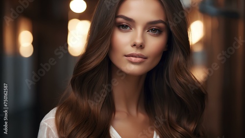 Mesmerizing Model Exhibiting Shiny, Smooth Brown Hair and Radiant, Supple Skin, Offering the Ideal Image for Hair and Skin Care Product Endorsements