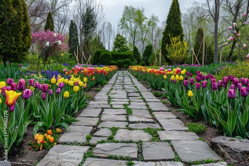 A path through a garden with a variety of flowers, including tulips