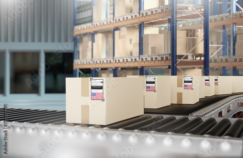 Boxes with US flag on carpe...