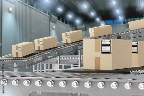 Conveyor line with boxes. Automated production. Conveyor with parcels in building. Production line without people. Line for delivering goods to warehouse. Using conveyor to automate factory. 3d image