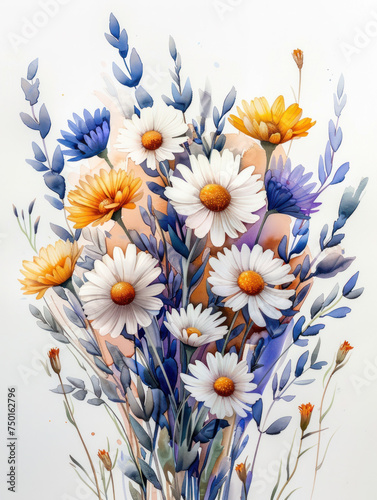 colorful chamomile watercolor illustration isolated  photo