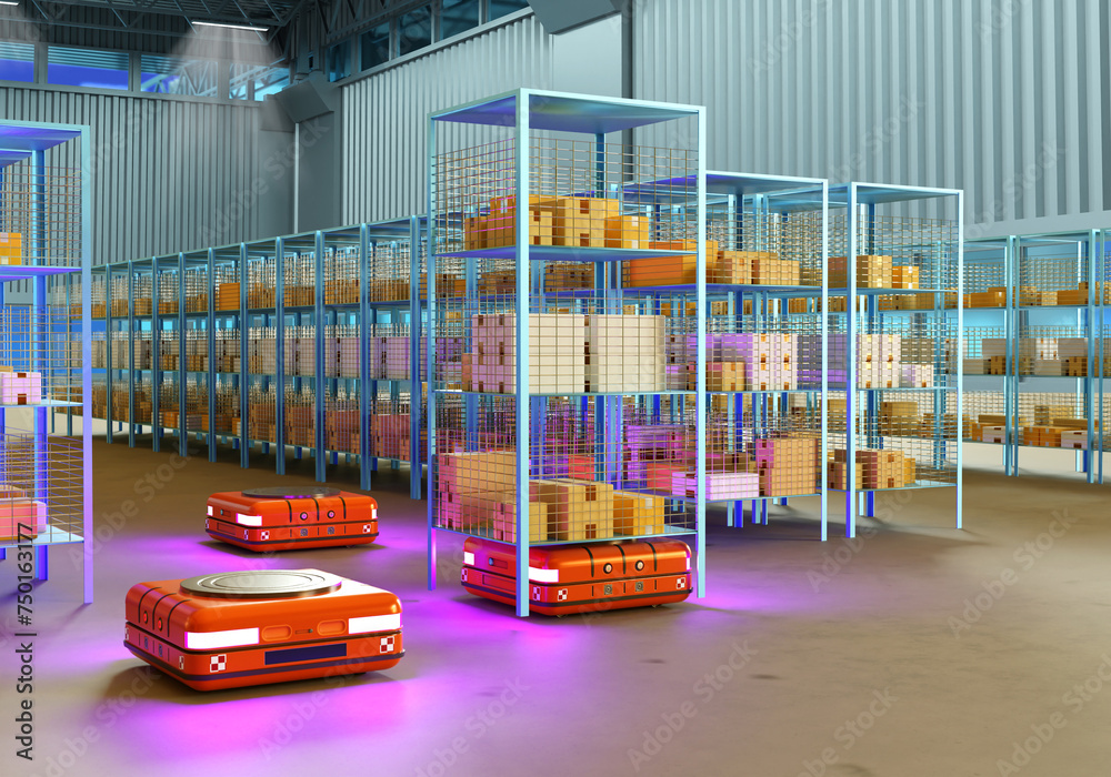 Robotic warehouse. AMR work in storage. Robots move warehouse racks ...
