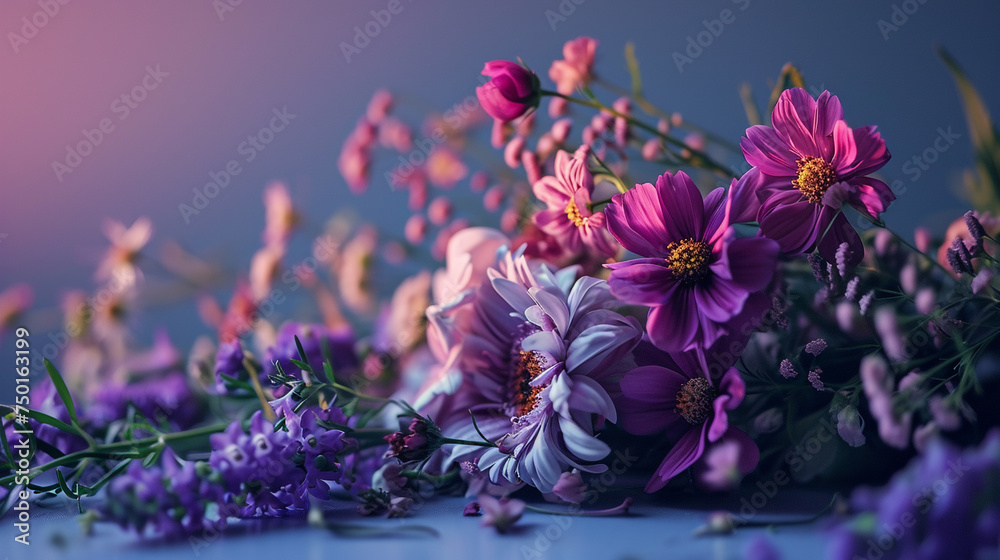 A picturesque view featuring 4K HDR fresh flowers in a creative arrangement on a solid color surface A picturesque view featuring 4K HDR fresh flowers in a creative arrangement on a solid color surface