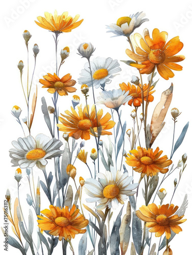 colorful chamomile watercolor illustration isolated 