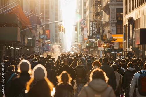 A busy city street with a large crowd of people walking down it