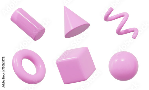 3d set pink geometric shape: square, cylinder, sphere, torus,  cone, spiral. Plastic simple figures with grid for your design. Stock vector illustration on isolated background.