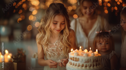 Jeune fille s'apprêtant à souffler les bougies sur son gâteau d'anniversaire, fête d'anniversaire en famille