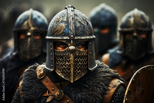 Viking warriors in a shield wall formation, led by a fierce leader, ready to charge into battle