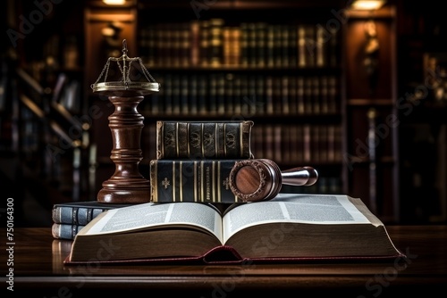 Serious judges gavel and legal book on wooden table in courtroom for legal concept photo