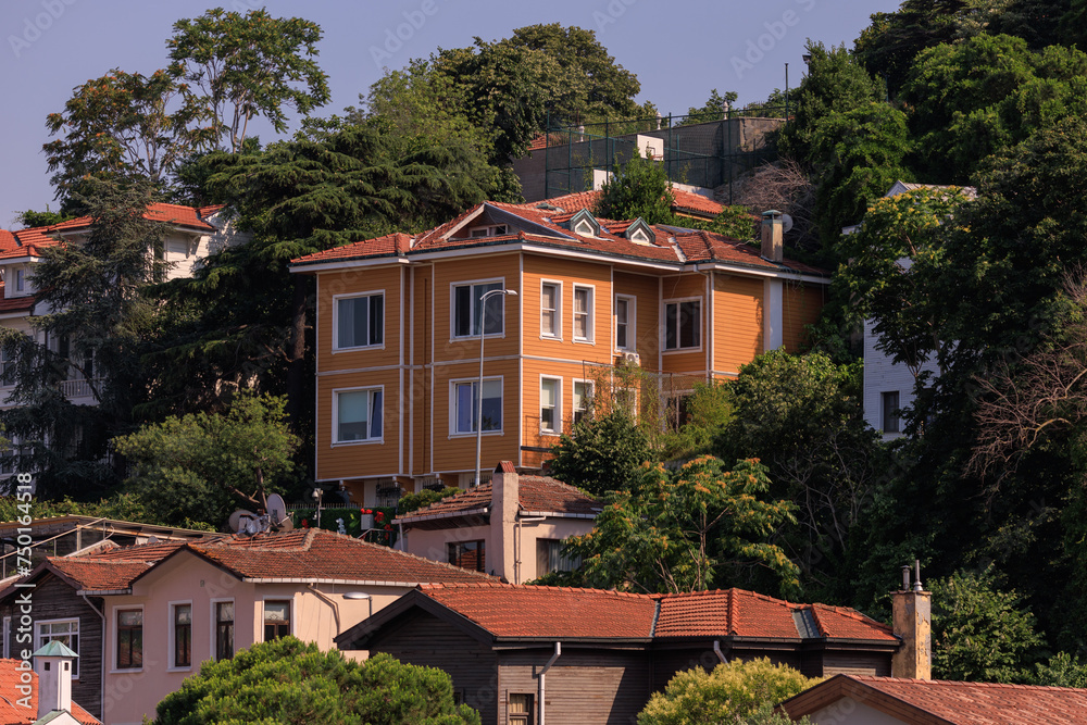 View of buildings and houses in public places in Turkey, sunny summer day