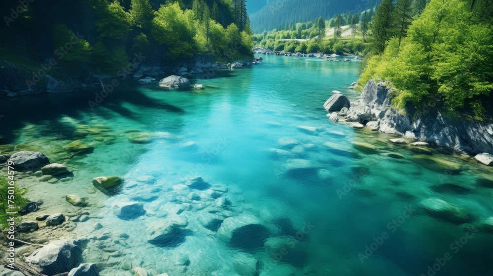 Serene top down view of clear white water reflecting sunlight against lush green leaves