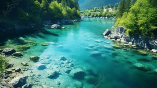 Serene top down view of clear white water reflecting sunlight against lush green leaves © Александр Клюйко