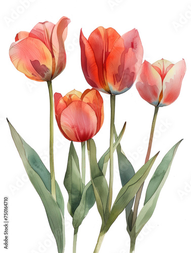 Colorful tulip flowers watercolor illustration isolated 