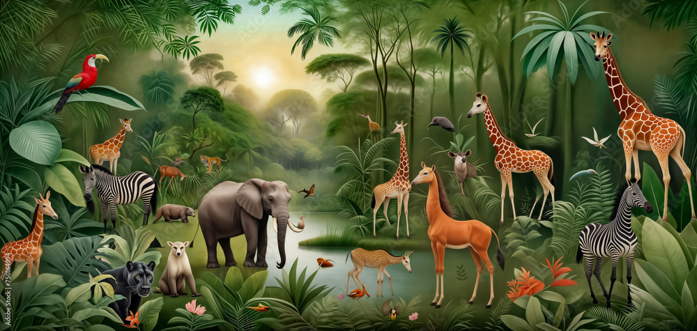 custom made wallpaper toronto digitalJungle, tropical illustration. Tiger, parrots, giraffe, panther, zebra, elephant ,palm trees, flowers. Safari wild African animals. Amazon forest on wallpaper for kids room, interior design. mural art