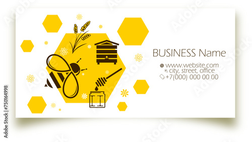 Business card concept production sale of honey. Yellow honeycomb, bee, beehive and flowers