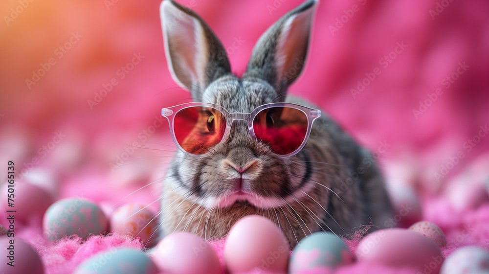 High-end commercial photo of a Comical rabbit wearing sunglasses and carrying Easter eggs